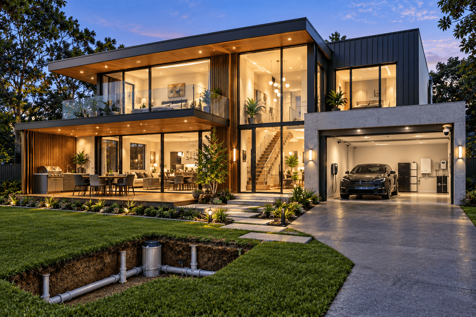Modern house at dusk - hotspots